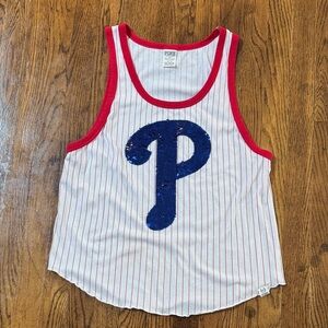 PINK Victoria’s Secret Phillies Red and White Striped Tank Top Sequin Bling Logo